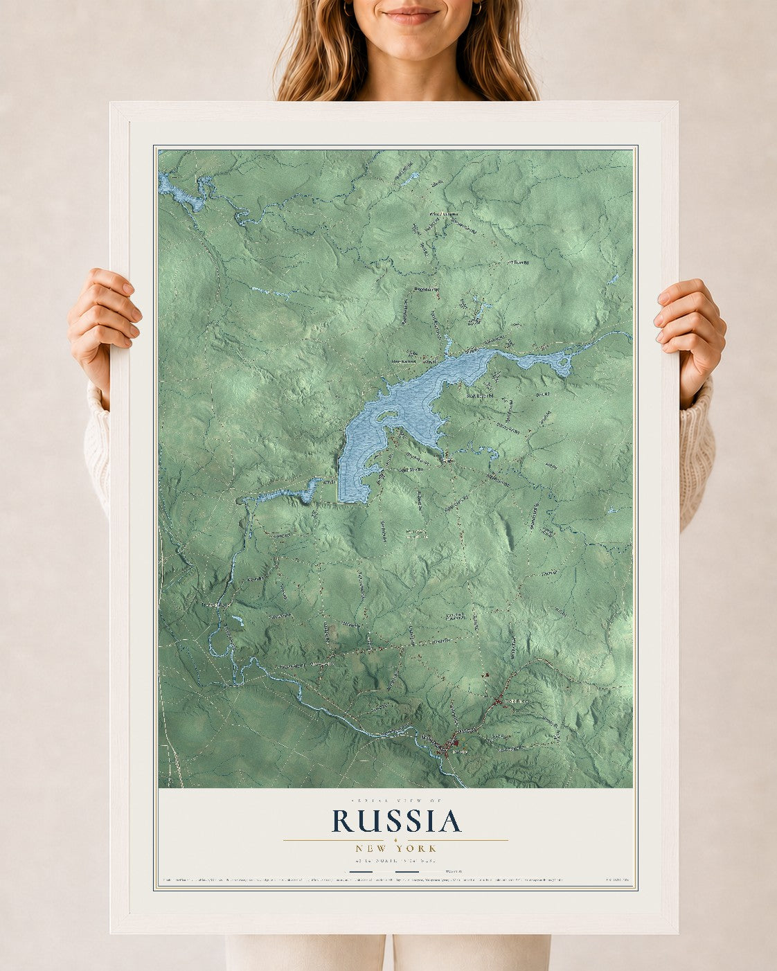 Russia, New York map print, 24" x 36" W/ White Ayous Wood Frame mockup
