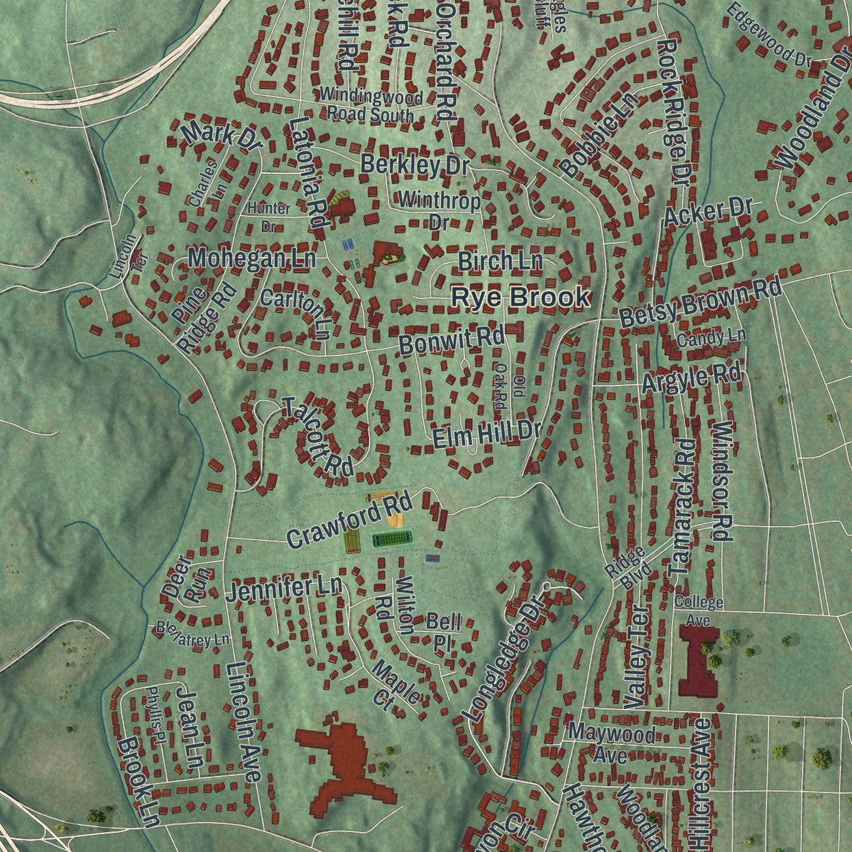 Close-up 1 of the Rye Brook, New York map artwork