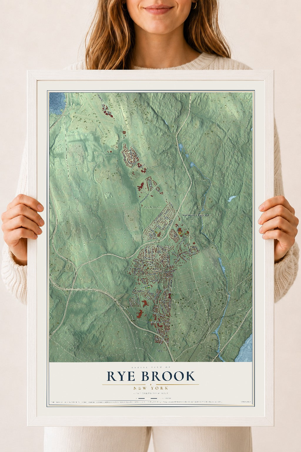 Rye Brook, New York map print, 18" x 24" W/ White Ayous Wood Frame mockup