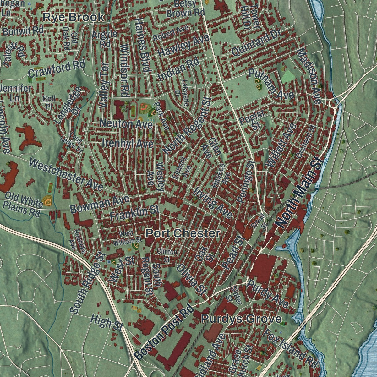 Close-up of the map of the Town of Rye, Westchester County, New York print showing street and building detail