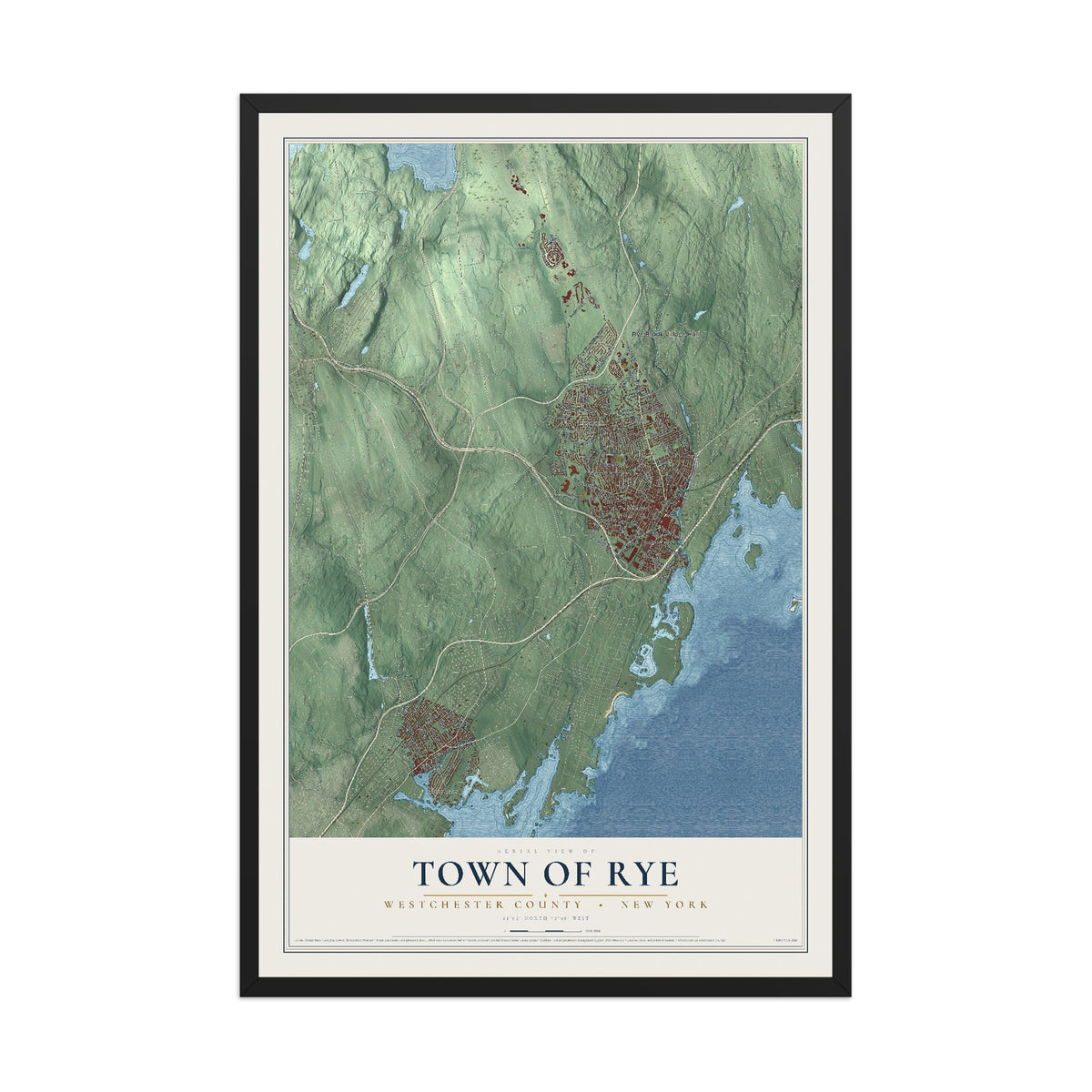 Map of the Town of Rye, Westchester County, New York, 12 x 18 inch print in a black wood frame