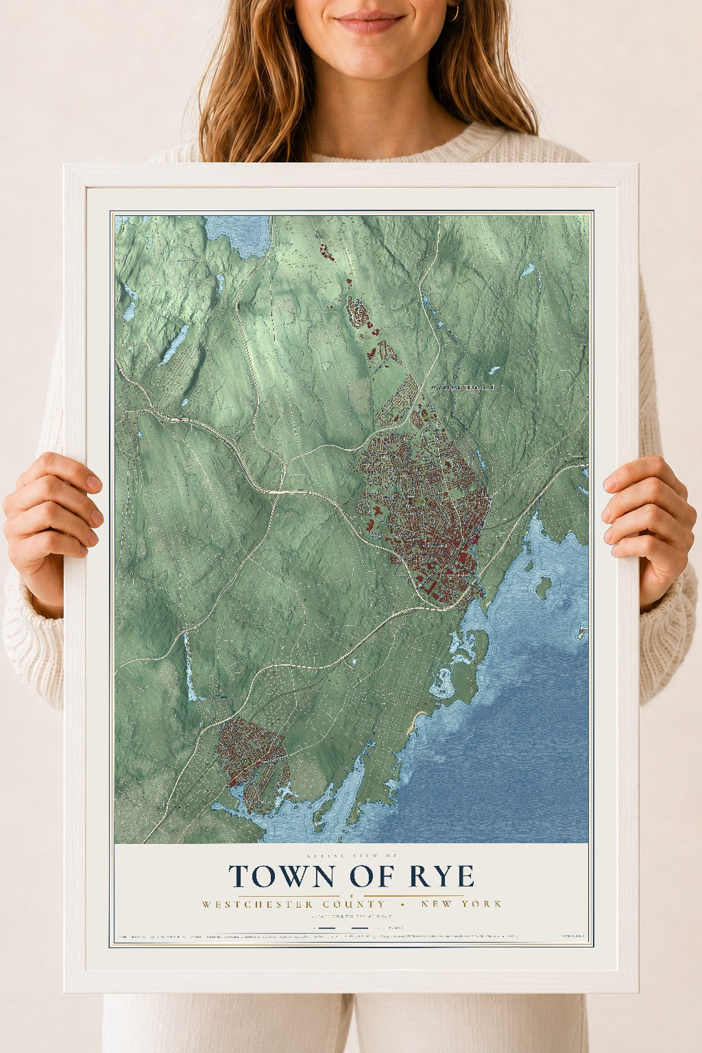 Map of the Town of Rye, Westchester County, New York, 18 x 24 inch print in a white wood frame