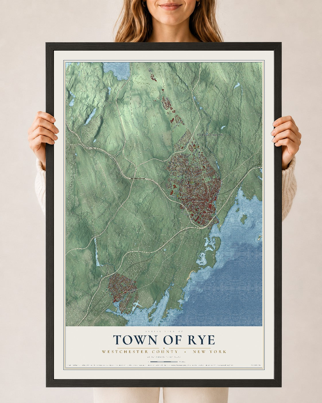 Map of the Town of Rye, Westchester County, New York, 24 x 36 inch print in a black wood frame