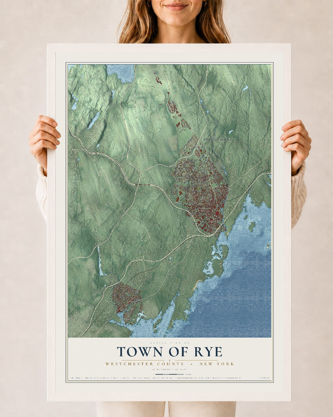 Map of the Town of Rye, Westchester County, New York, 24 x 36 inch print in a white wood frame
