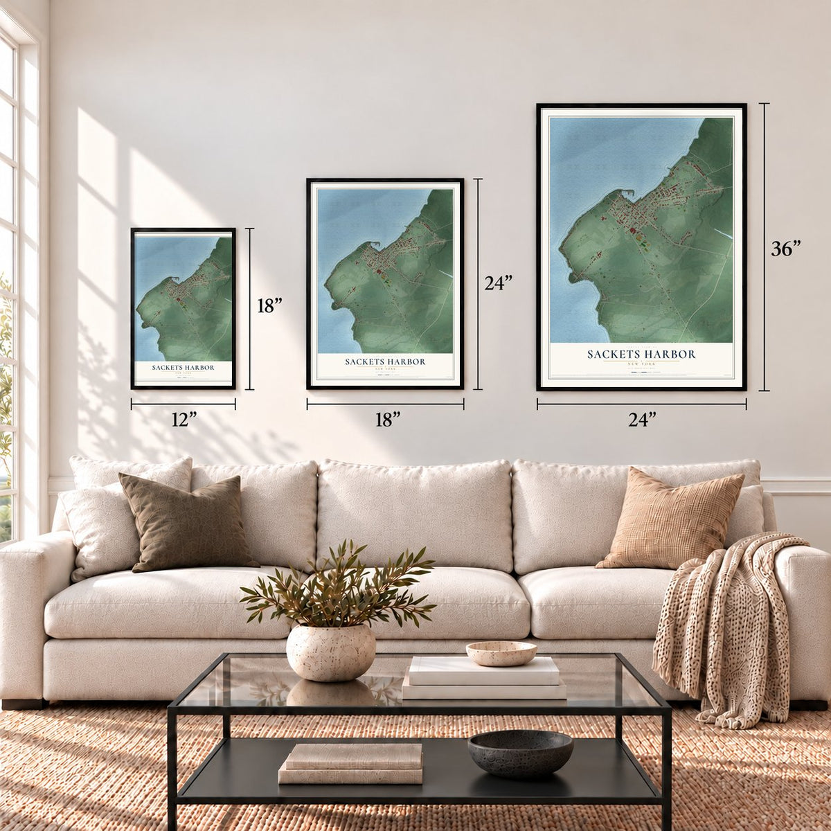 Sackets Harbor, New York map in 12 x 18, 18 x 24 and 24 x 36 inch sizes above a sofa