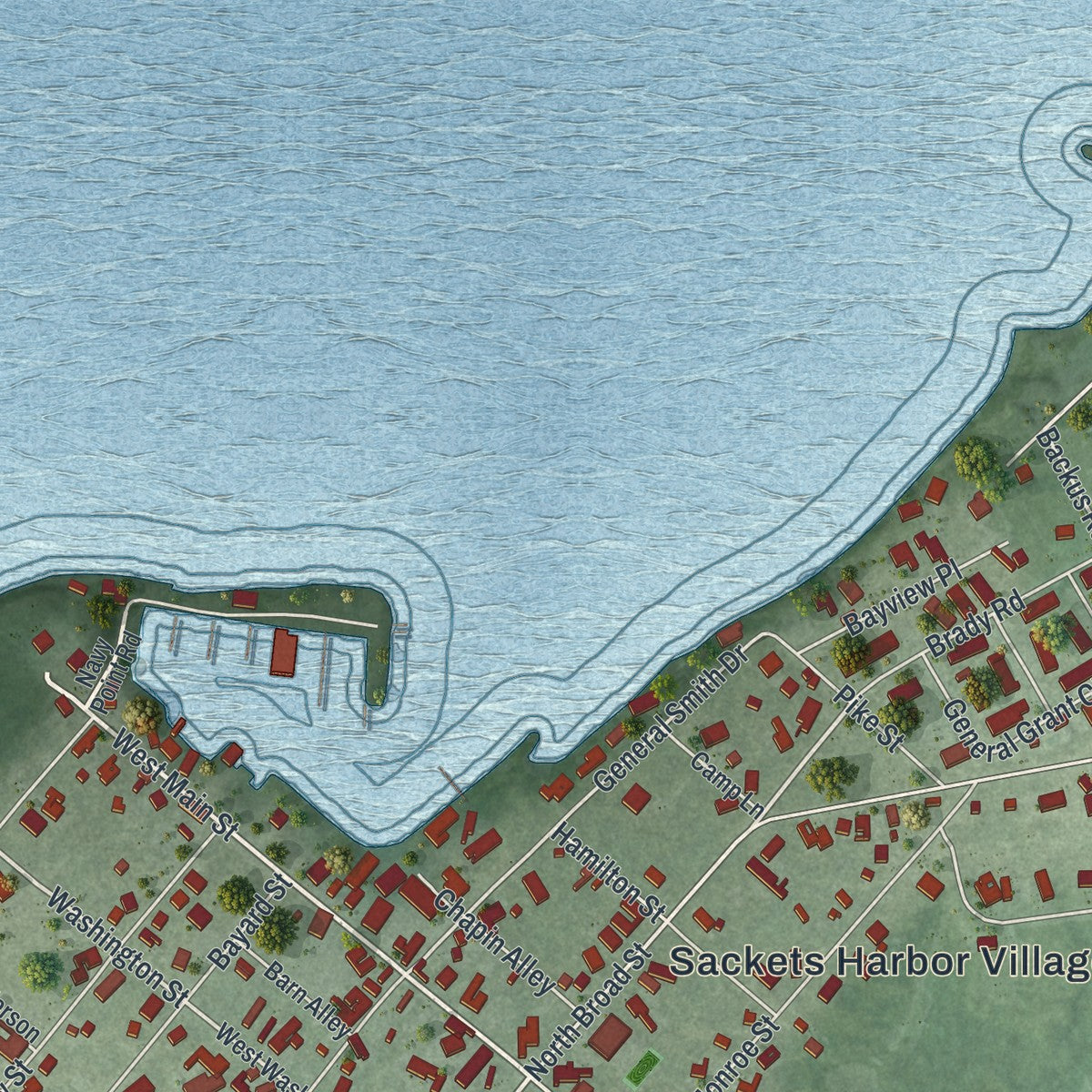 Close-up of the map of Sackets Harbor, New York print showing street and building detail