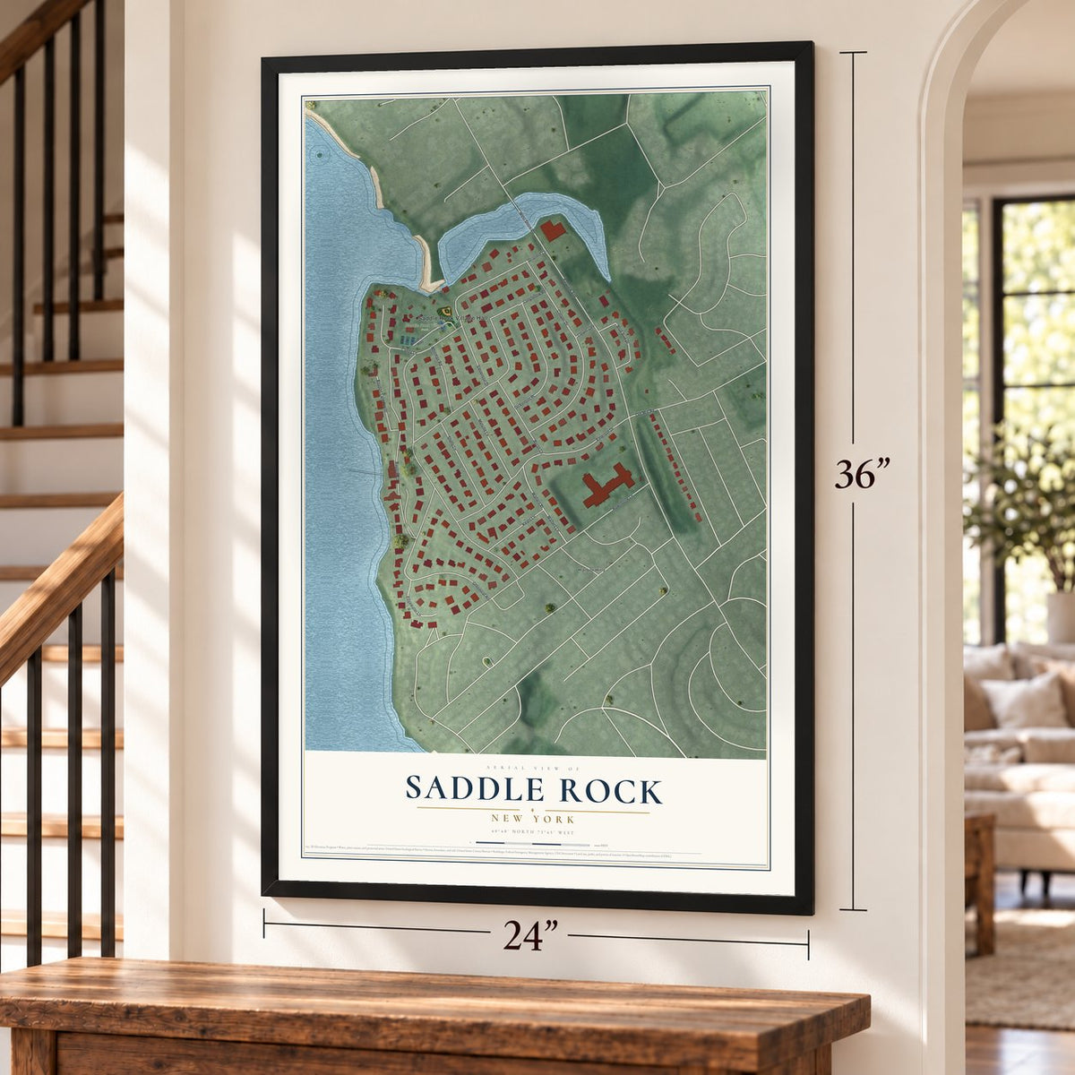 Saddle Rock, New York map, 24 x 36 inch print in a black frame by a staircase