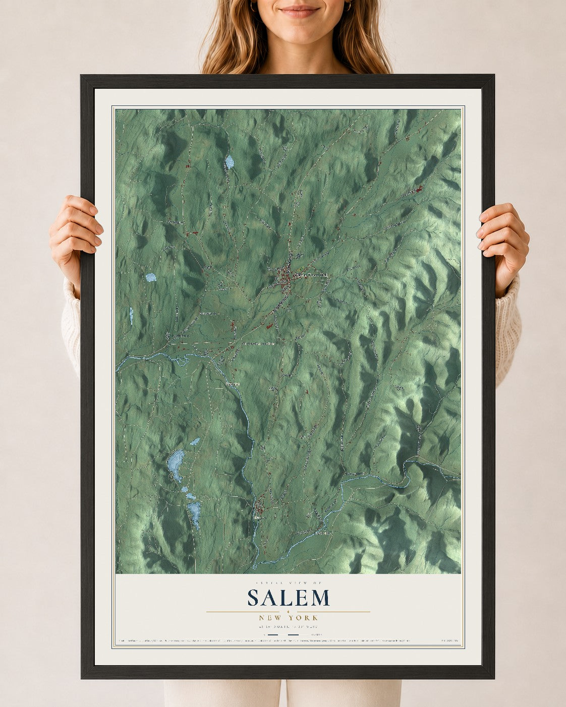 Salem, New York map print, 24" x 36" W/ Black Ayous Wood Frame mockup