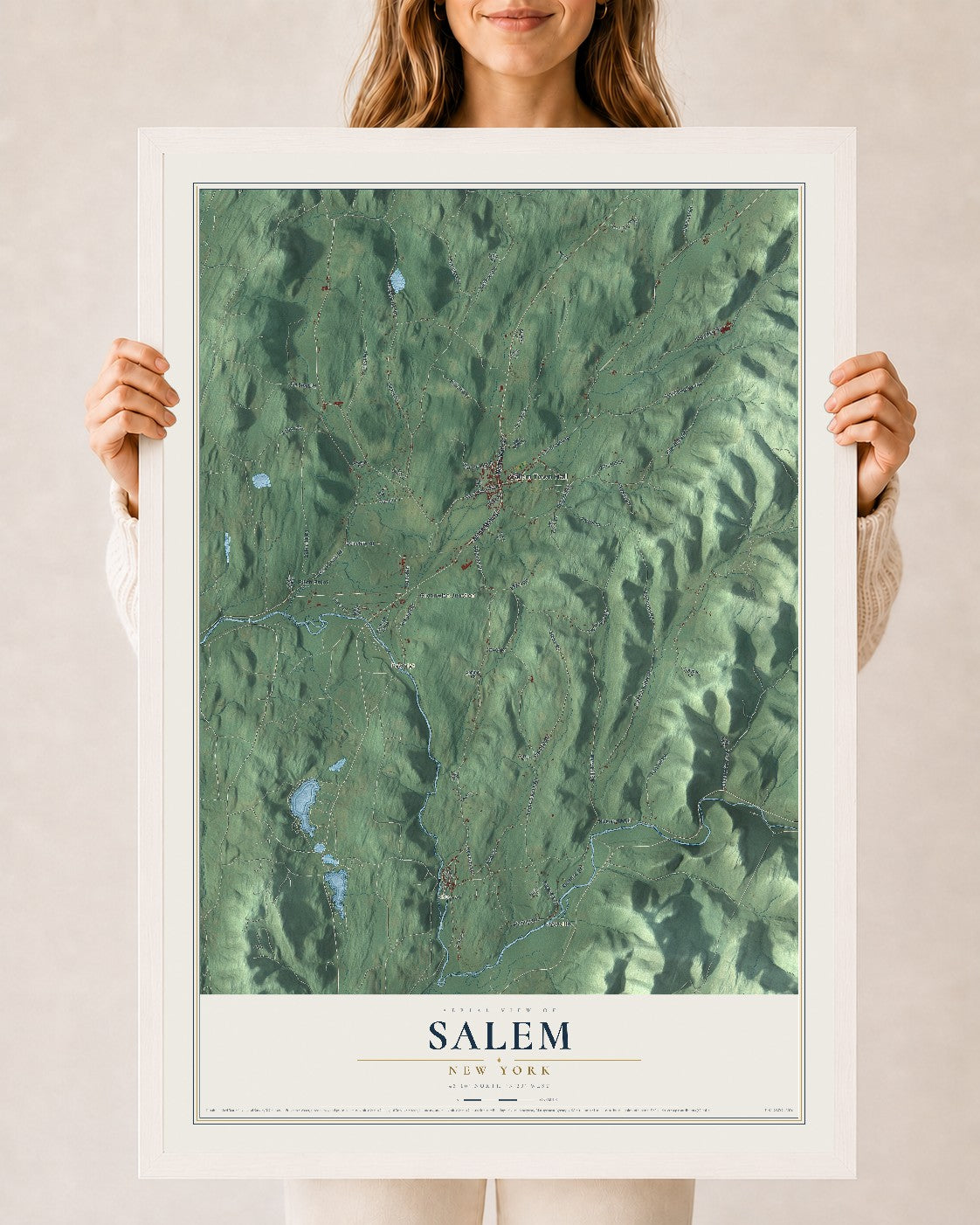 Salem, New York map print, 24" x 36" W/ White Ayous Wood Frame mockup