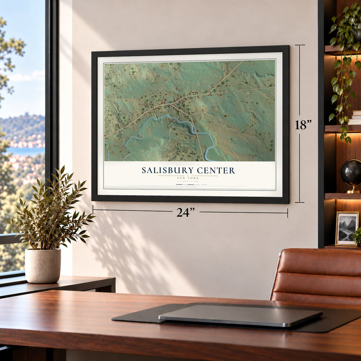 Salisbury Center, New York map, 18 x 24 inch print in a black frame in a home office
