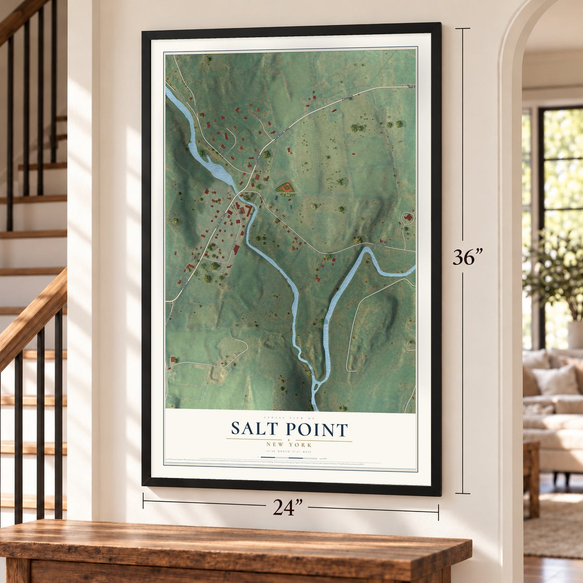 Salt Point, New York map, 24 x 36 inch print in a black frame by a staircase
