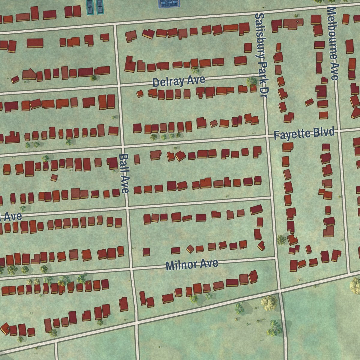 Close-up of the map of Salt Springs, New York print showing street and building detail
