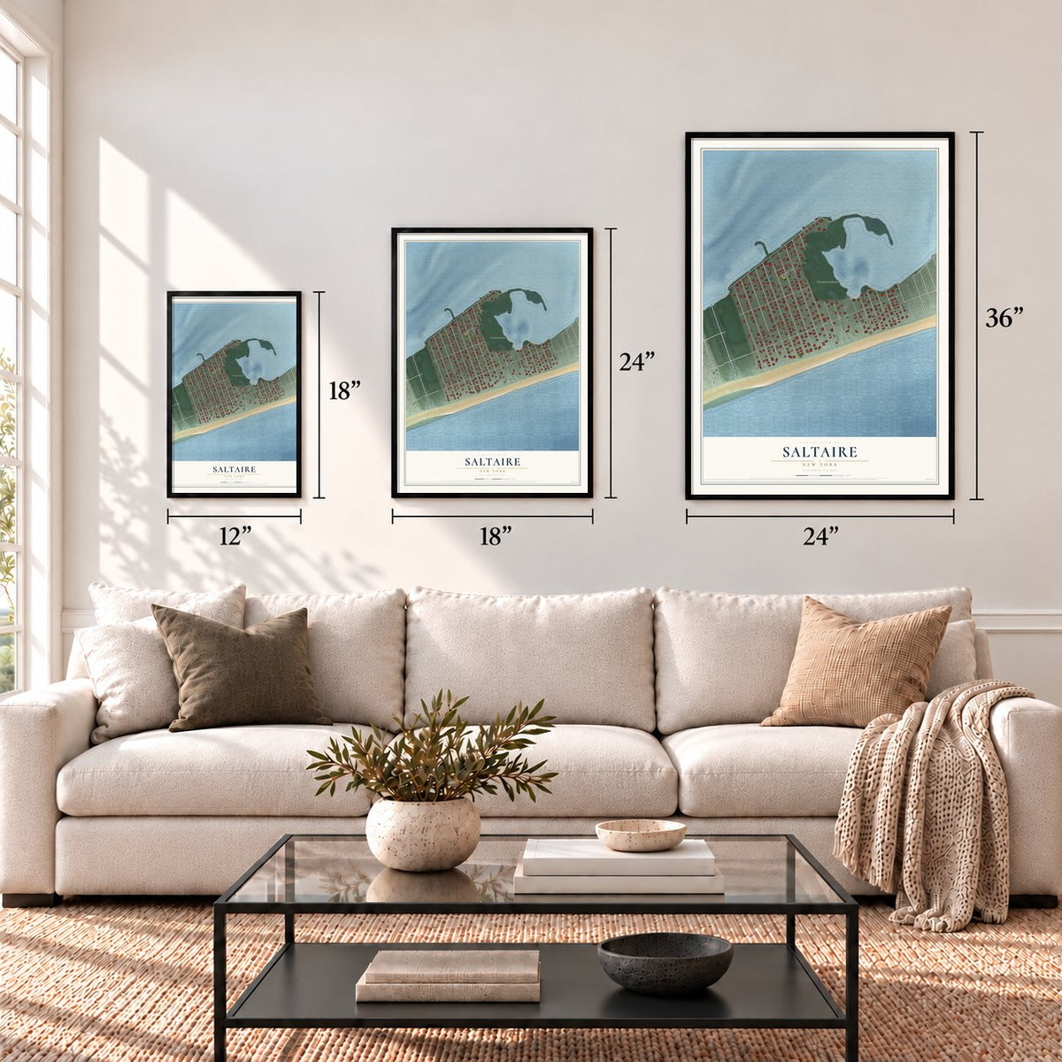 Saltaire, New York map in 12 x 18, 18 x 24 and 24 x 36 inch sizes above a sofa