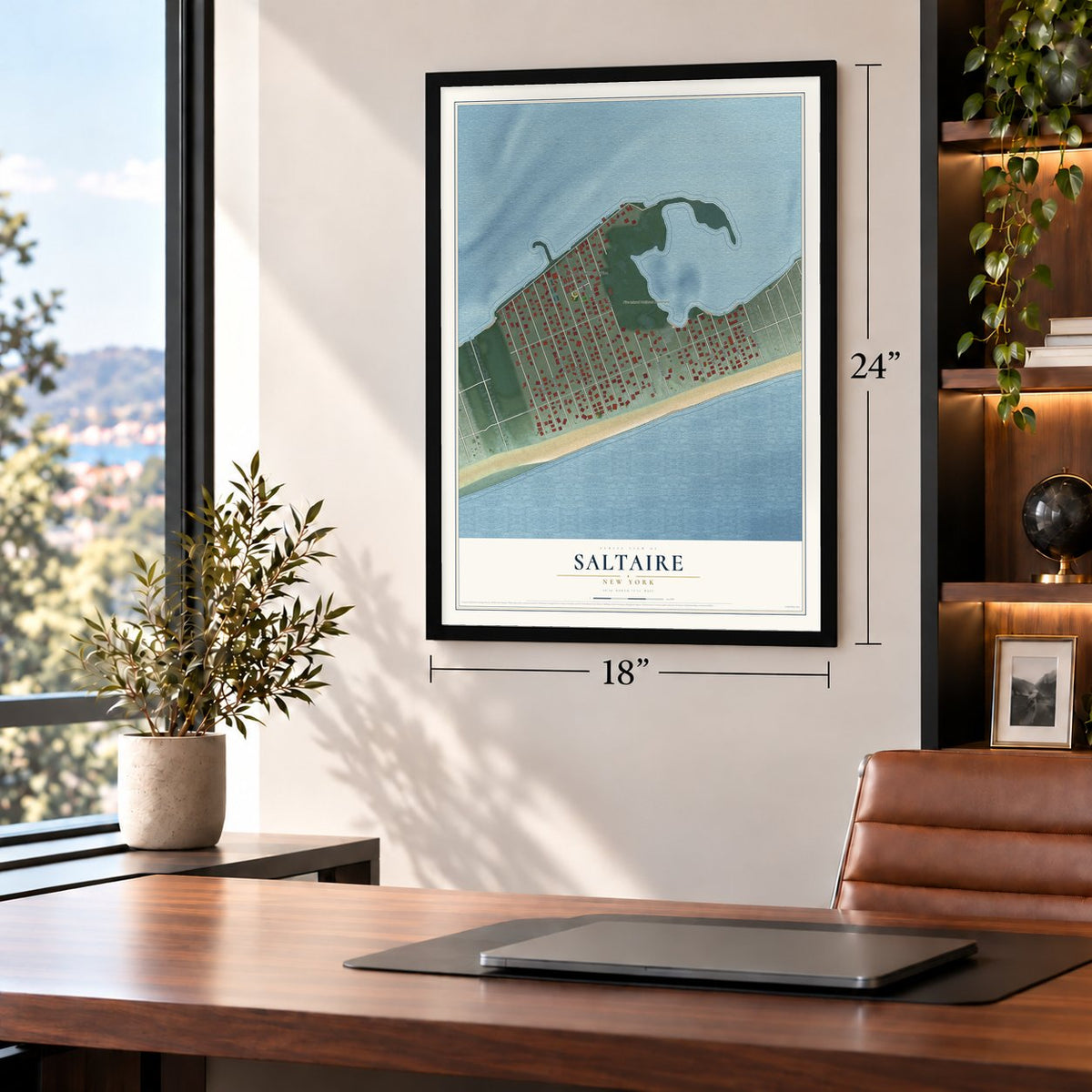 Saltaire, New York map, 18 x 24 inch print in a black frame in a home office
