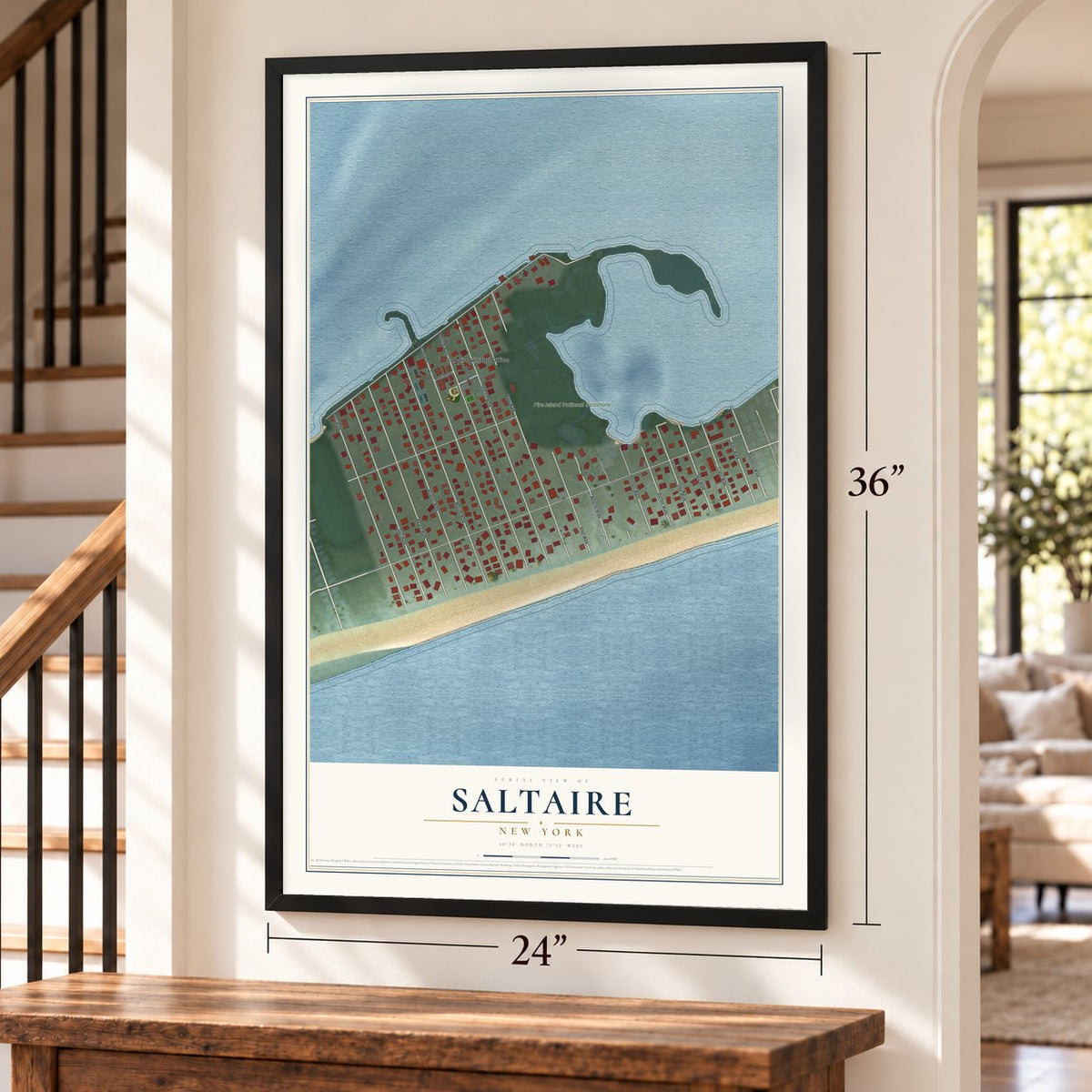 Saltaire, New York map, 24 x 36 inch print in a black frame by a staircase