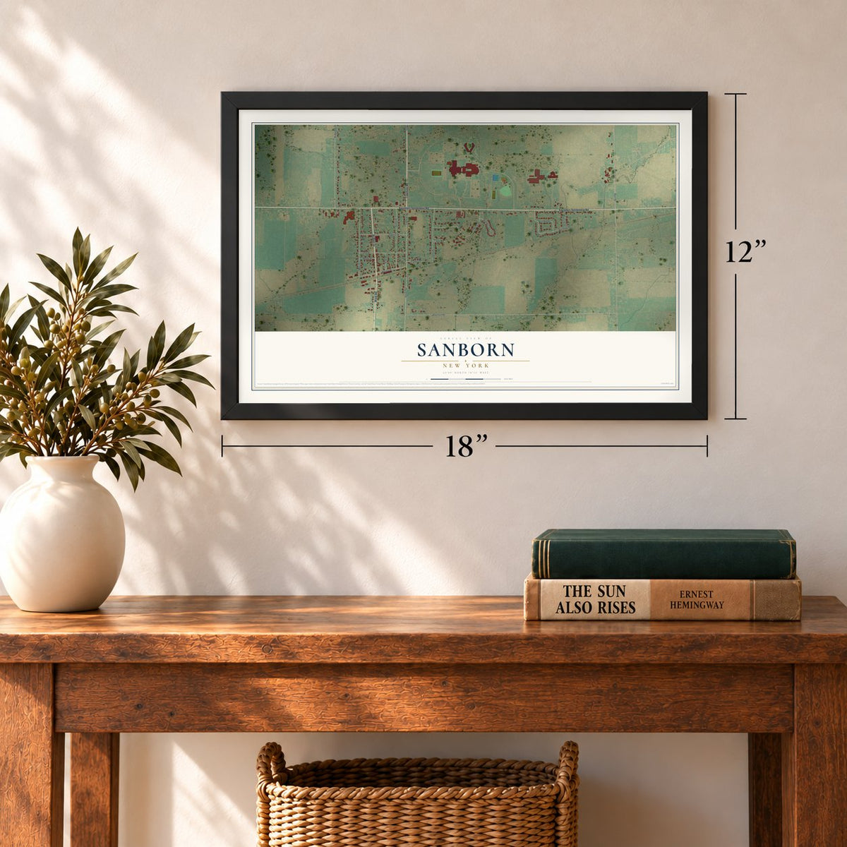 Sanborn, New York map, 12 x 18 inch print in a black frame in an entryway