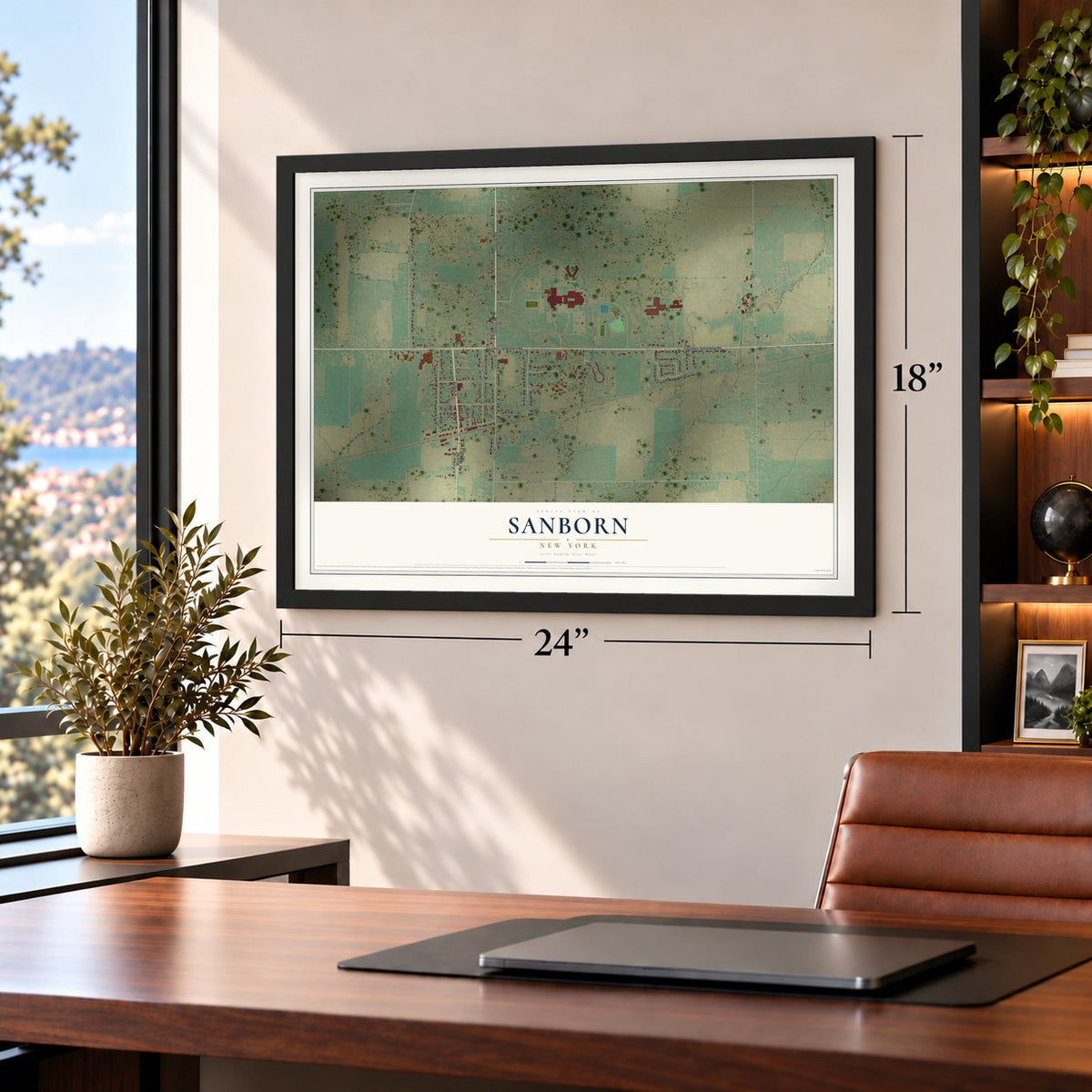 Sanborn, New York map, 18 x 24 inch print in a black frame in a home office