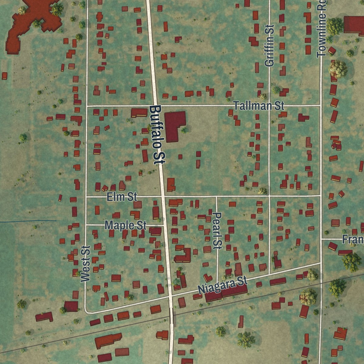 Close-up of the map of Sanborn, New York print showing street and building detail