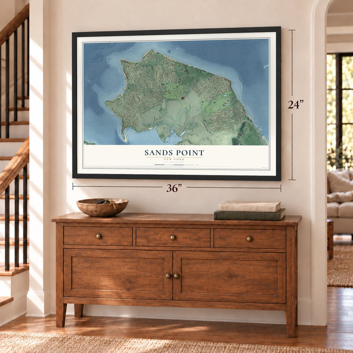 Sands Point, New York map, 24 x 36 inch print in a black frame above a dresser by a staircase
