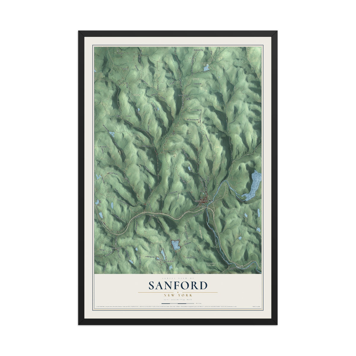 Sanford, New York map print, 12" x 18" W/ Black Ayous Wood Frame mockup