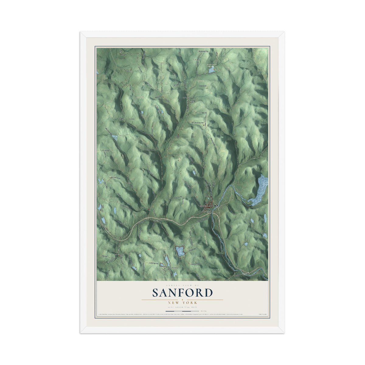 Sanford, New York map print, 12" x 18" W/ White Ayous Wood Frame mockup