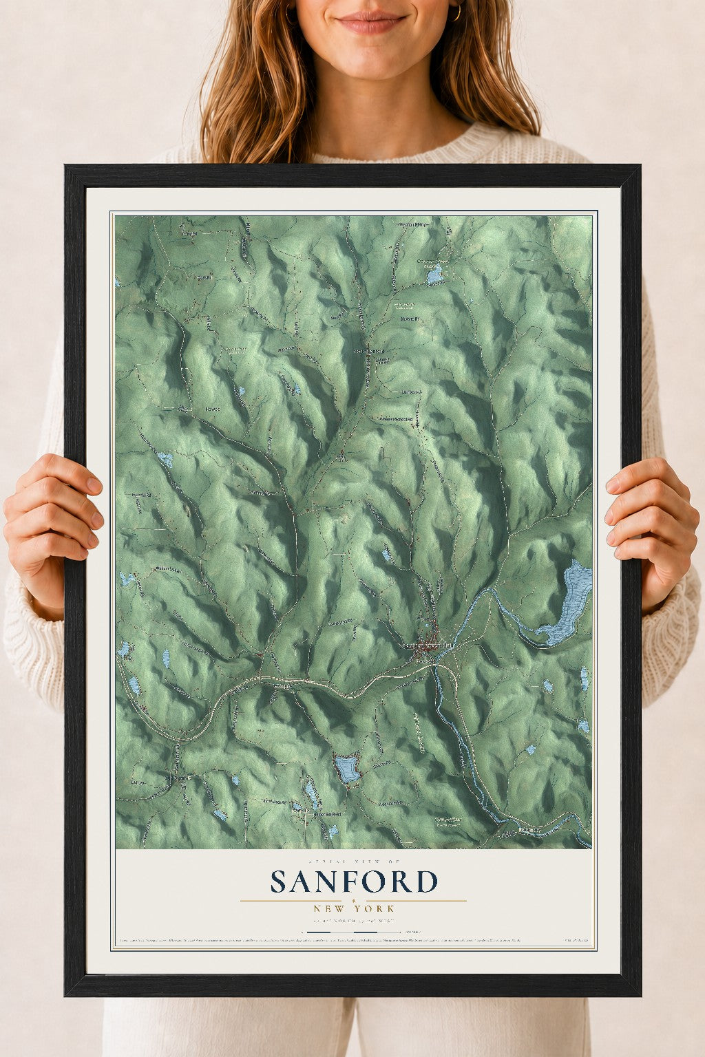 Sanford, New York map print, 18" x 24" W/ Black Ayous Wood Frame mockup