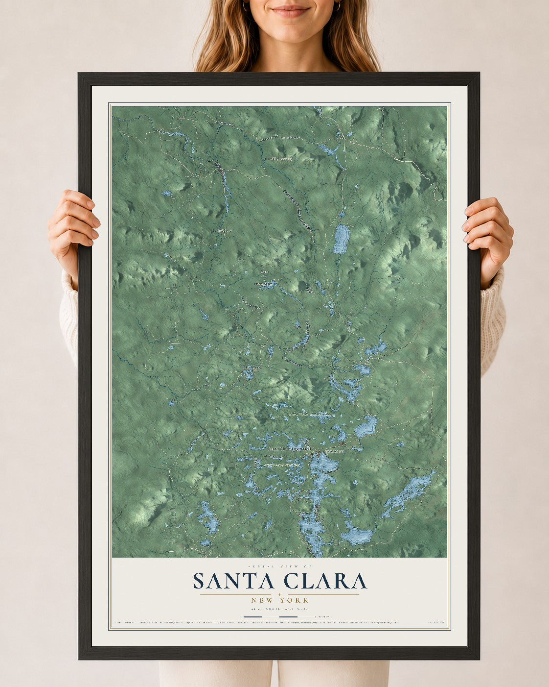 Santa Clara, New York map print, 24" x 36" W/ Black Ayous Wood Frame mockup