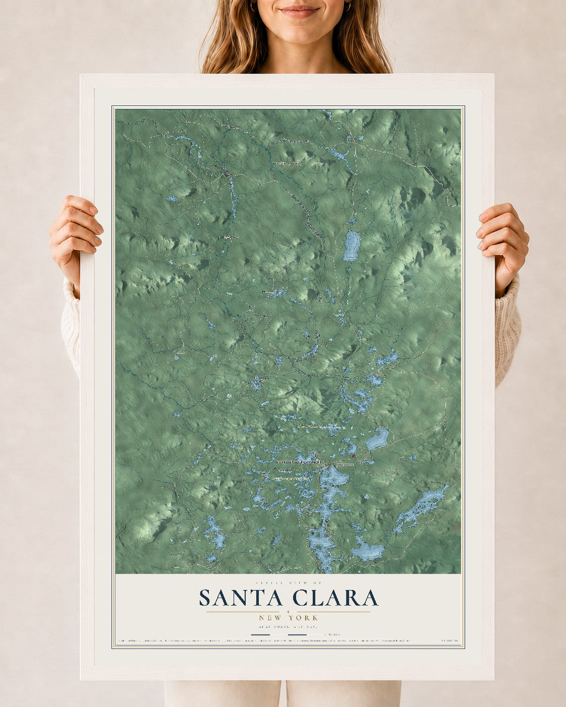Santa Clara, New York map print, 24" x 36" W/ White Ayous Wood Frame mockup
