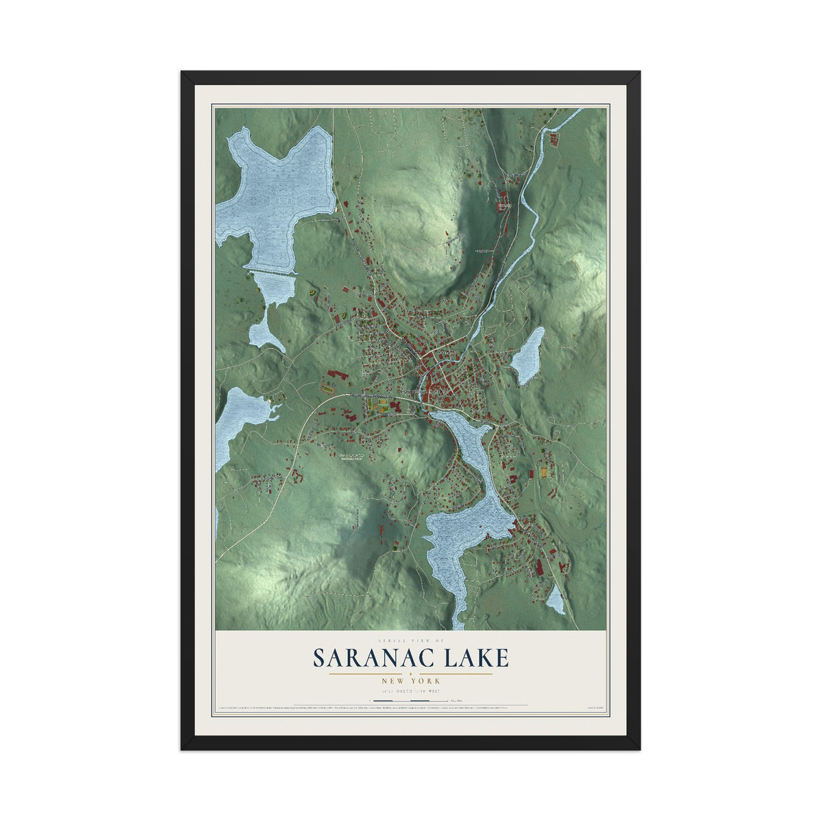 Saranac Lake, New York map print, 12" x 18" W/ Black Ayous Wood Frame mockup