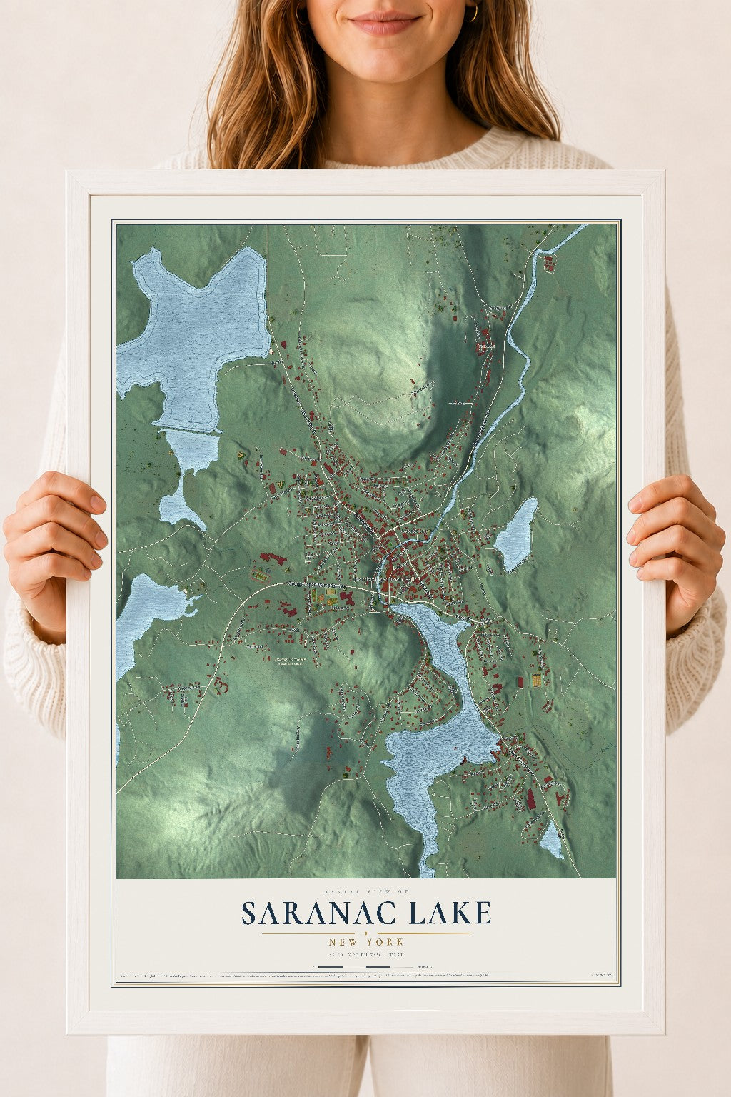 Saranac Lake, New York map print, 18" x 24" W/ White Ayous Wood Frame mockup