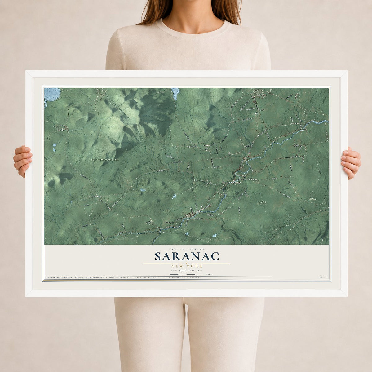 Saranac, New York map print, 24" x 36" W/ White Ayous Wood Frame mockup