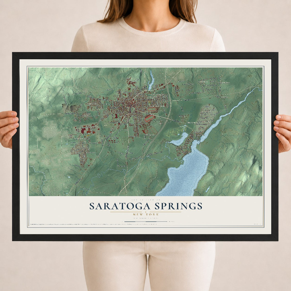 Saratoga Springs, New York map print, 18" x 24" W/ Black Ayous Wood Frame mockup