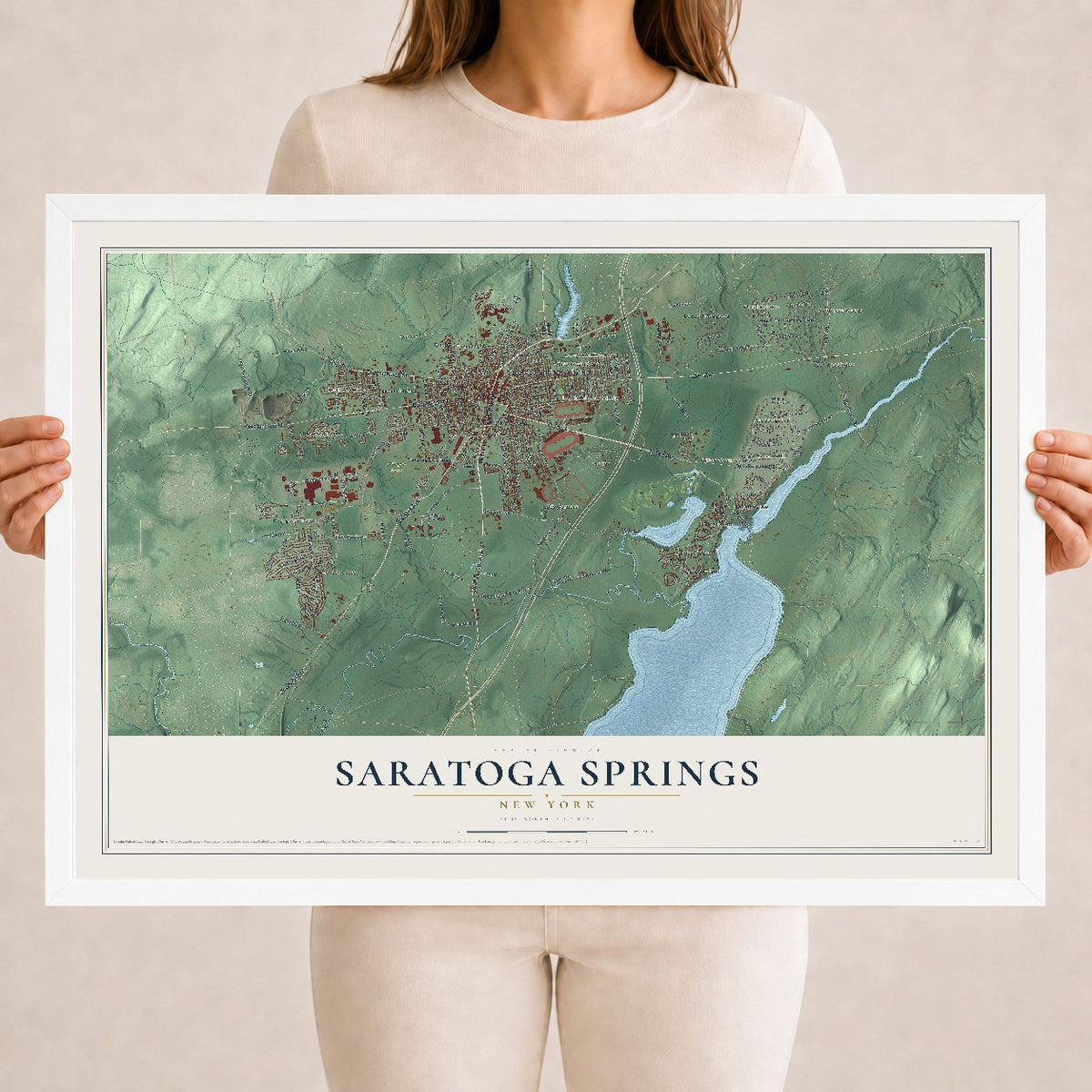 Saratoga Springs, New York map print, 18" x 24" W/ White Ayous Wood Frame mockup