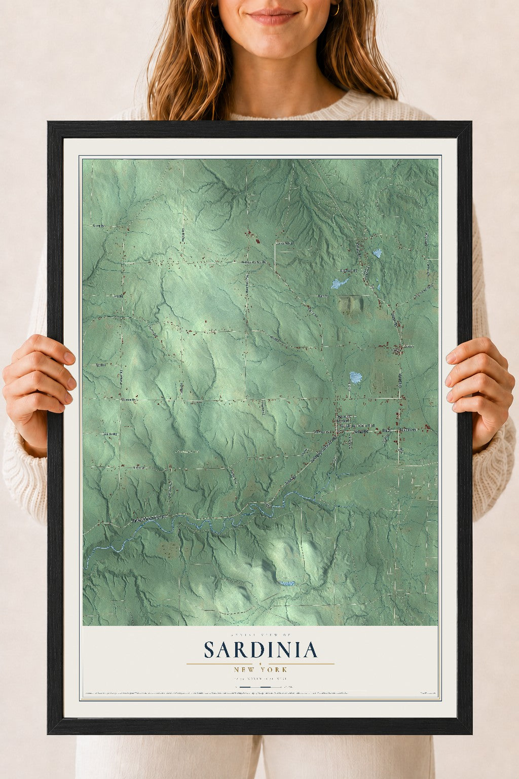 Sardinia, New York map print, 18" x 24" W/ Black Ayous Wood Frame mockup