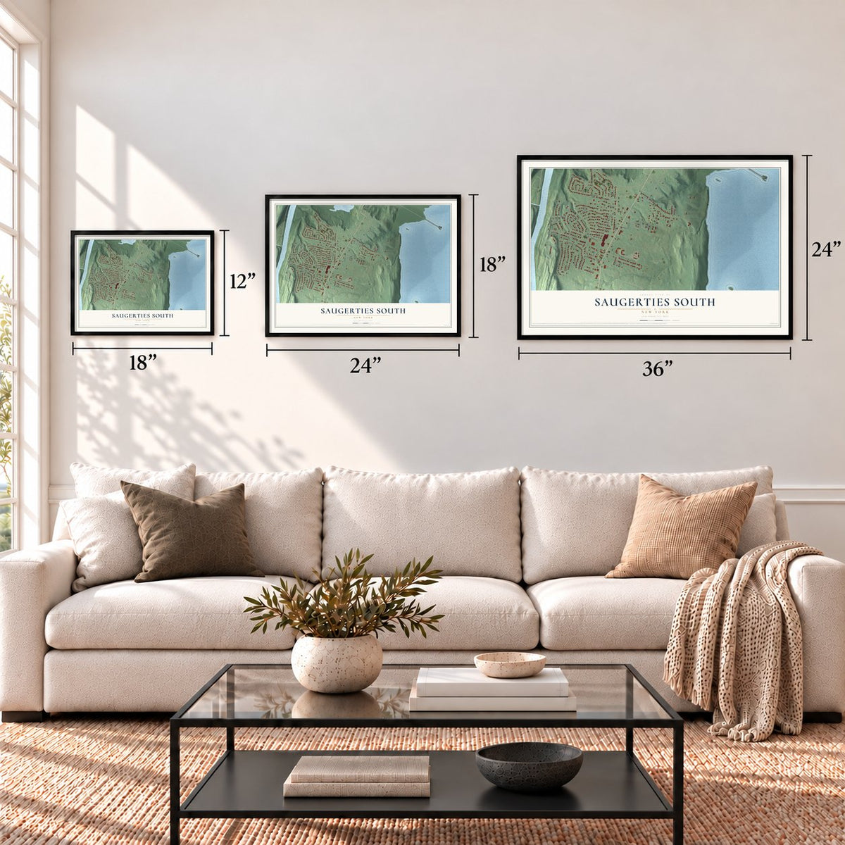 Saugerties South, New York map in 12 x 18, 18 x 24 and 24 x 36 inch sizes above a sofa