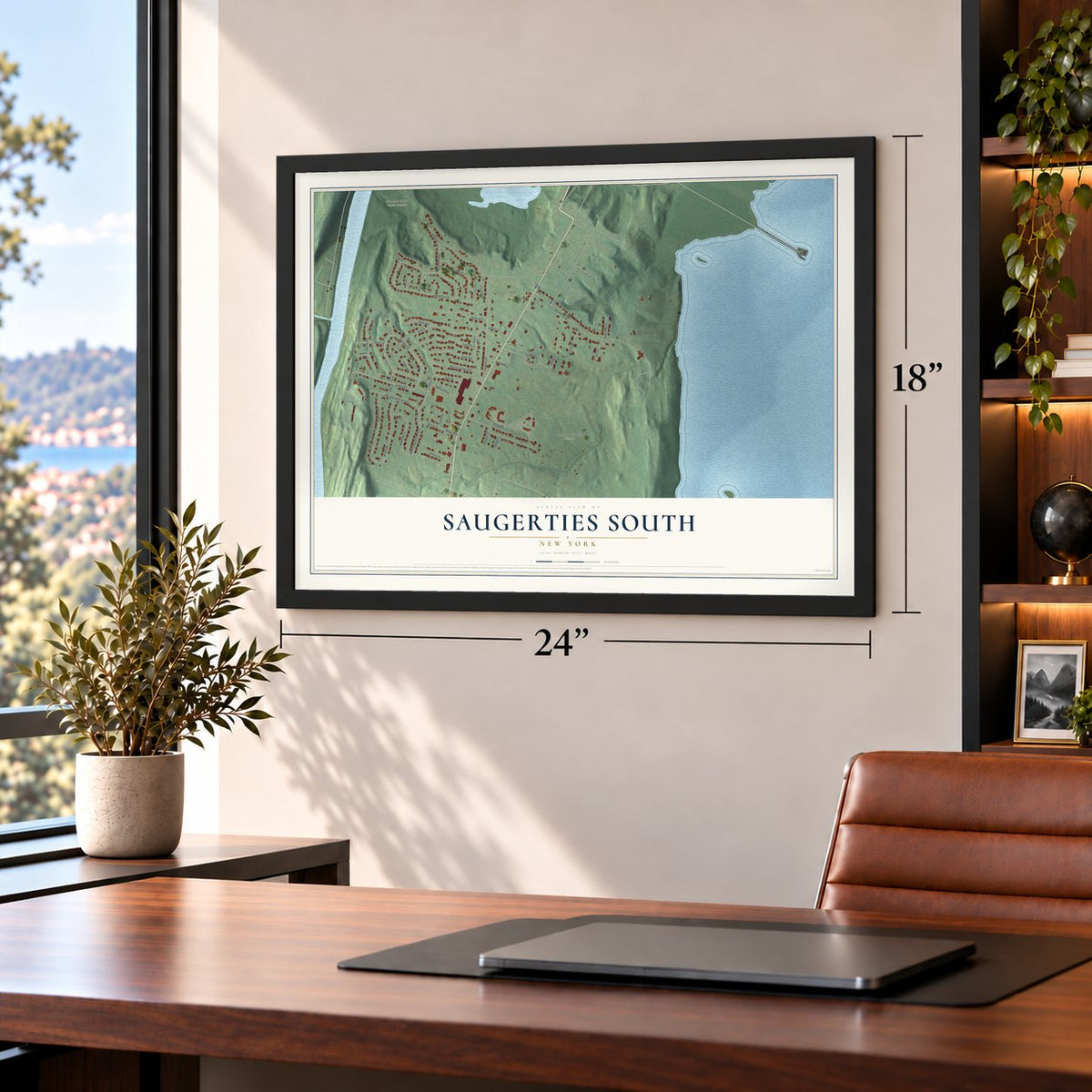 Saugerties South, New York map, 18 x 24 inch print in a black frame in a home office