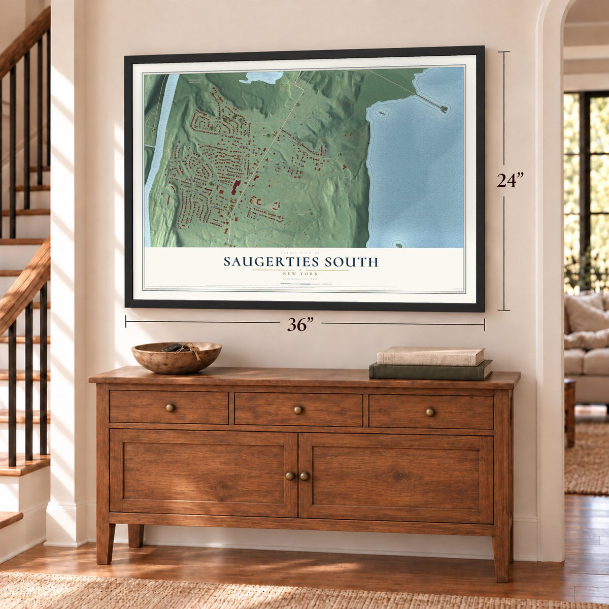 Saugerties South, New York map, 24 x 36 inch print in a black frame above a dresser by a staircase