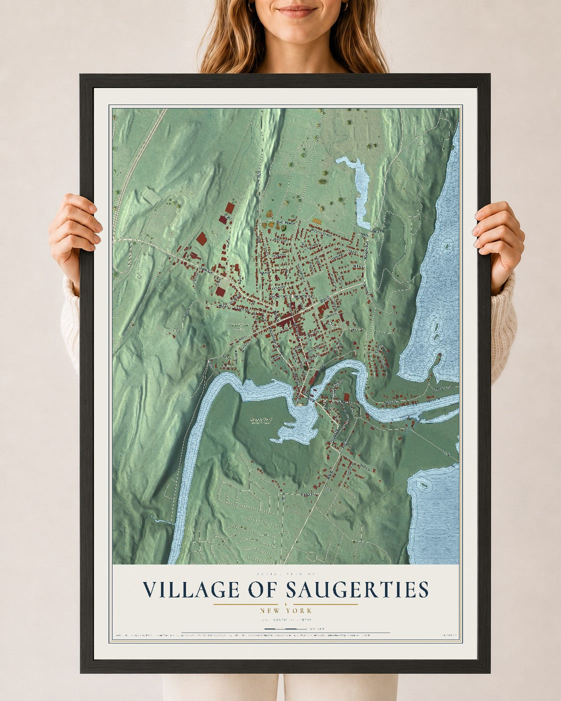 Saugerties, New York map print, 24" x 36" W/ Black Ayous Wood Frame mockup