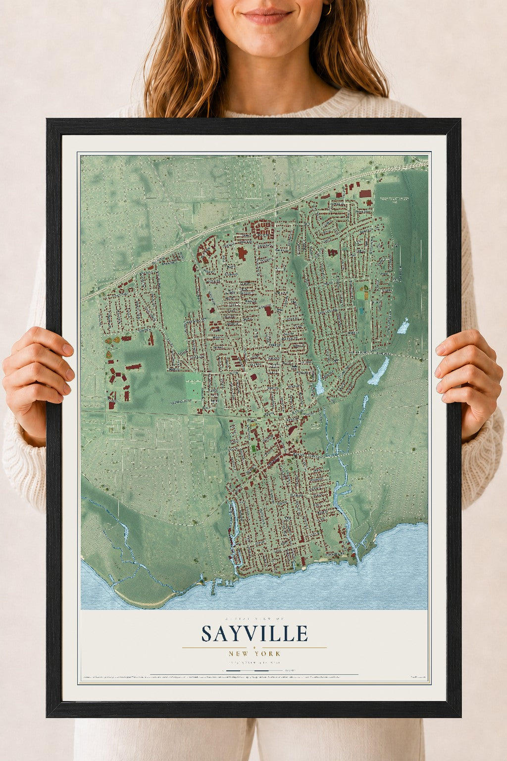 Sayville, New York map print, 18" x 24" W/ Black Ayous Wood Frame mockup
