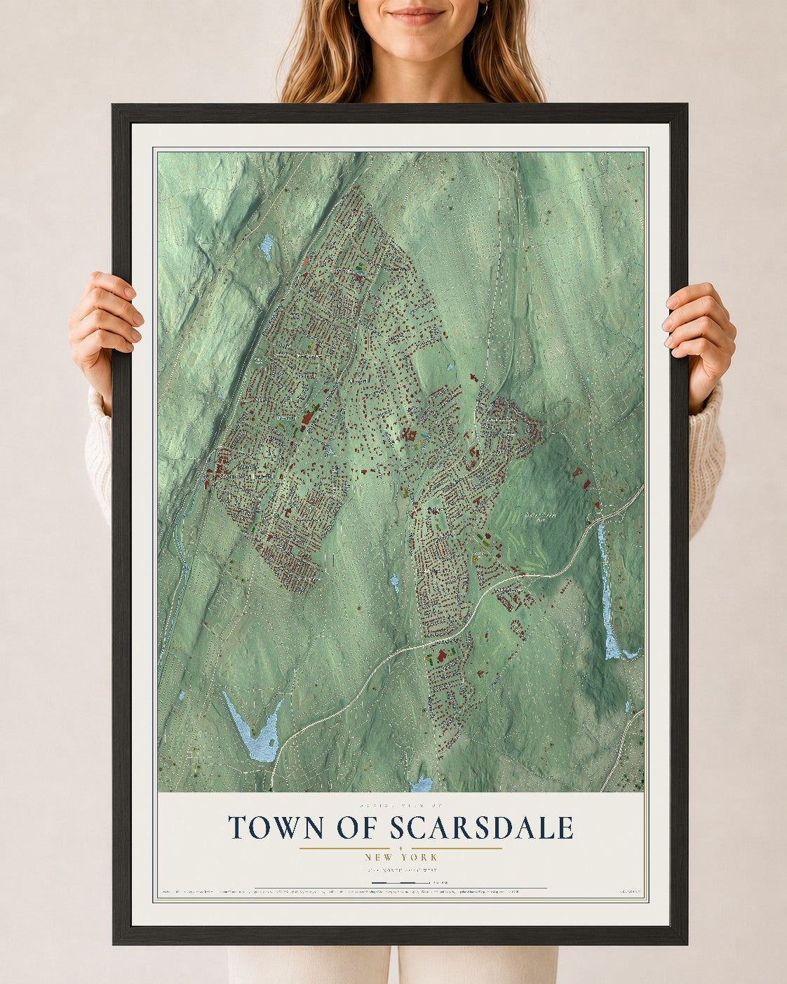 Scarsdale, New York map print, 24" x 36" W/ Black Ayous Wood Frame mockup