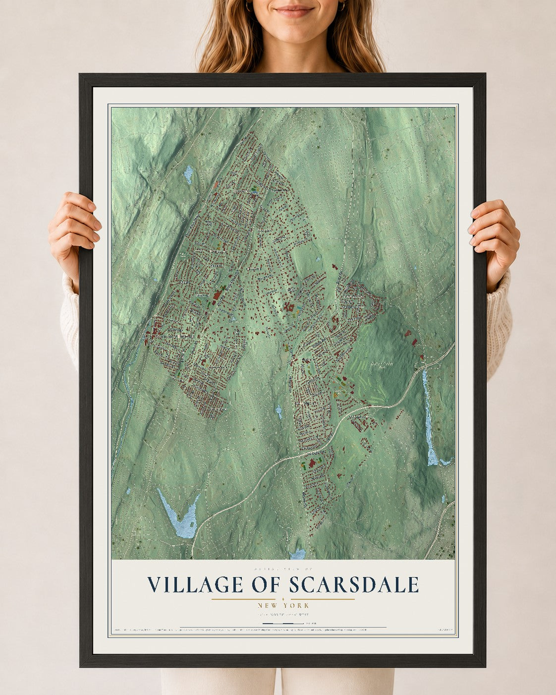 Scarsdale, New York map print, 24" x 36" W/ Black Ayous Wood Frame mockup