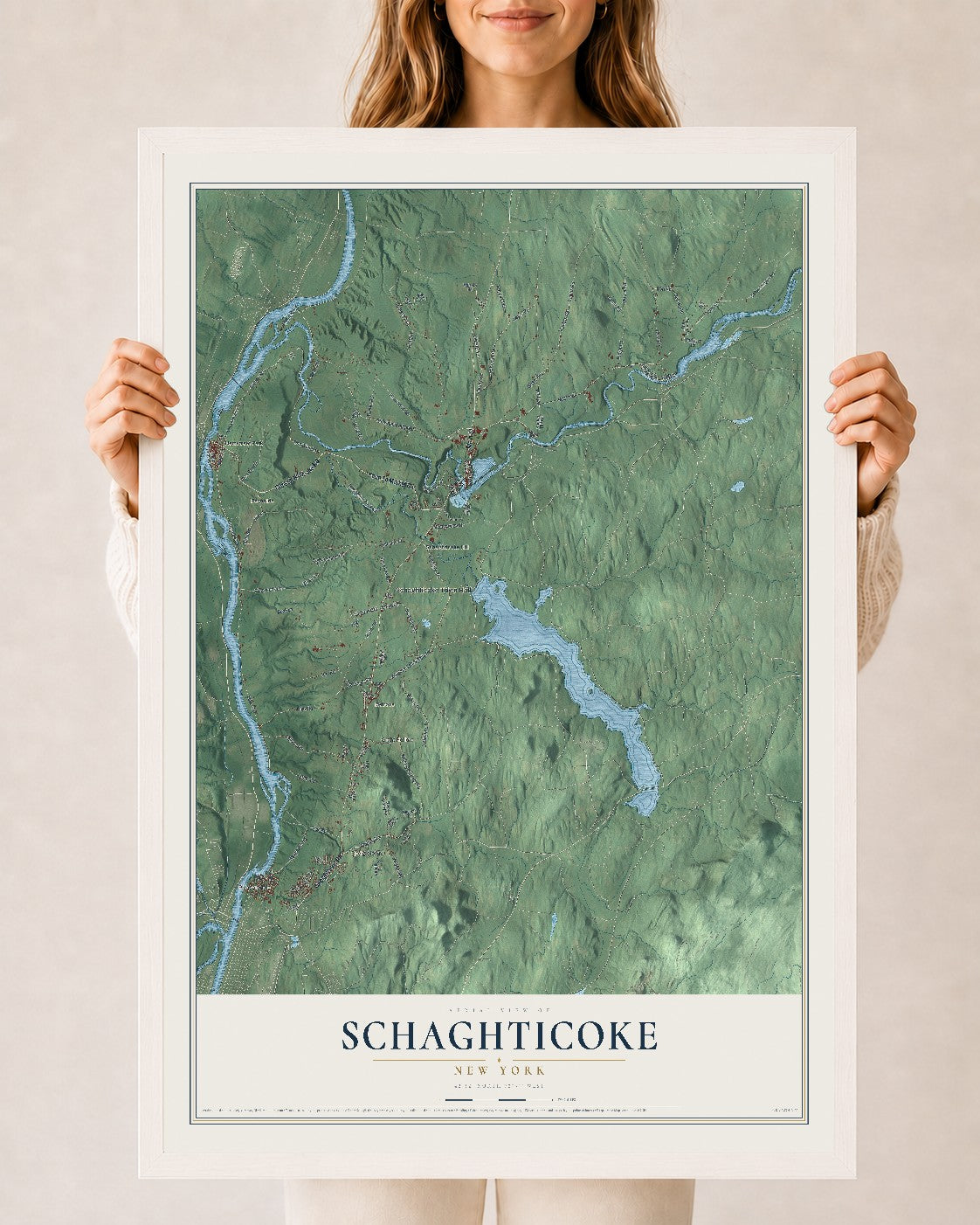 Schaghticoke, New York map print, 24" x 36" W/ White Ayous Wood Frame mockup