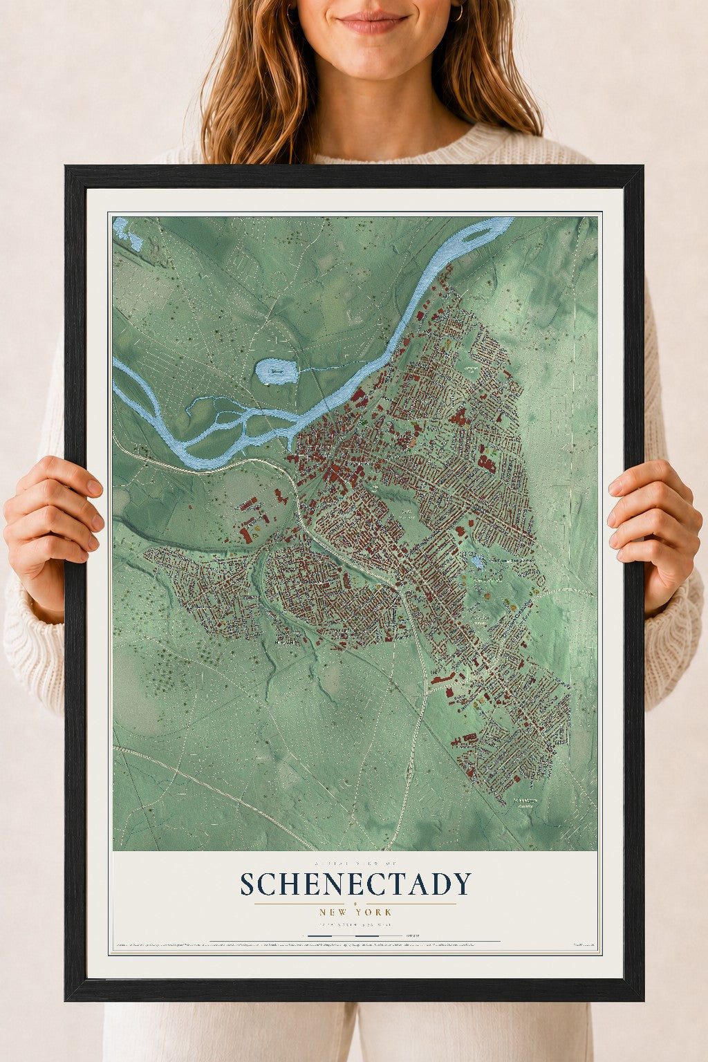 Schenectady, New York map print, 18" x 24" W/ Black Ayous Wood Frame mockup