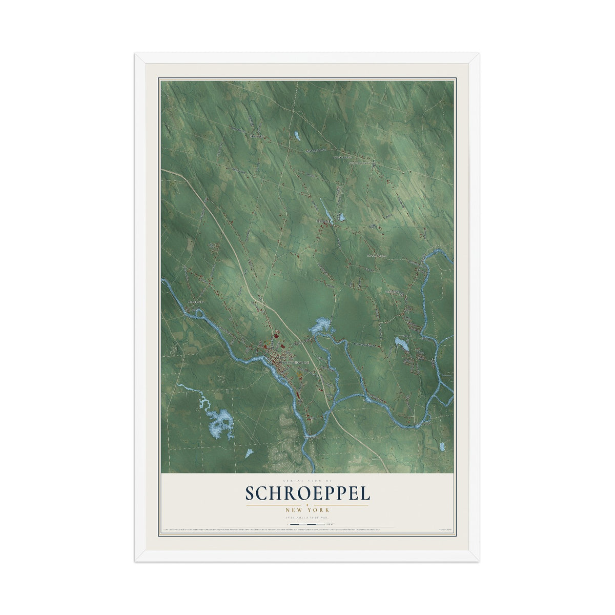 Schroeppel, New York map print, 12" x 18" W/ White Ayous Wood Frame mockup