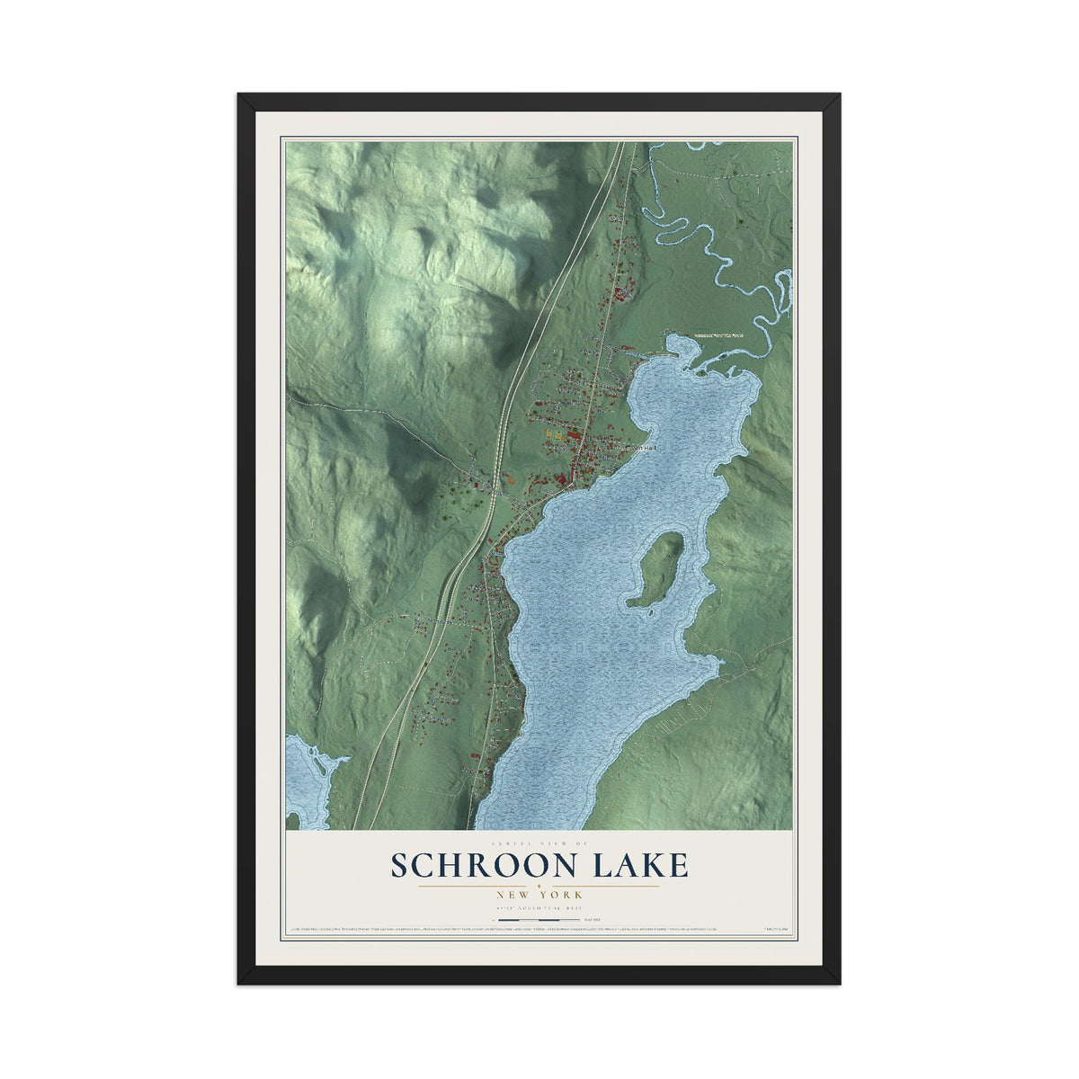 Schroon Lake, New York map print, 12" x 18" W/ Black Ayous Wood Frame mockup