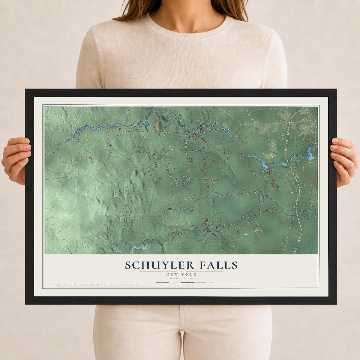 Schuyler Falls, New York map print, 12" x 18" W/ Black Ayous Wood Frame mockup