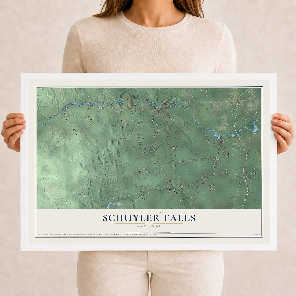 Schuyler Falls, New York map print, 12" x 18" W/ White Ayous Wood Frame mockup