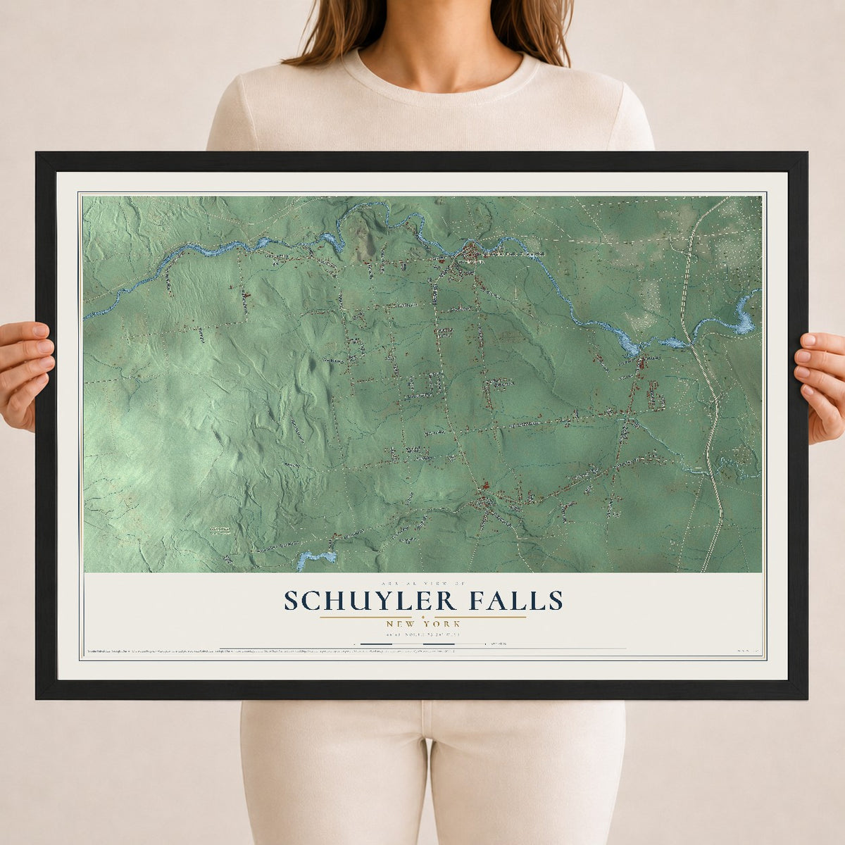 Schuyler Falls, New York map print, 18" x 24" W/ Black Ayous Wood Frame mockup