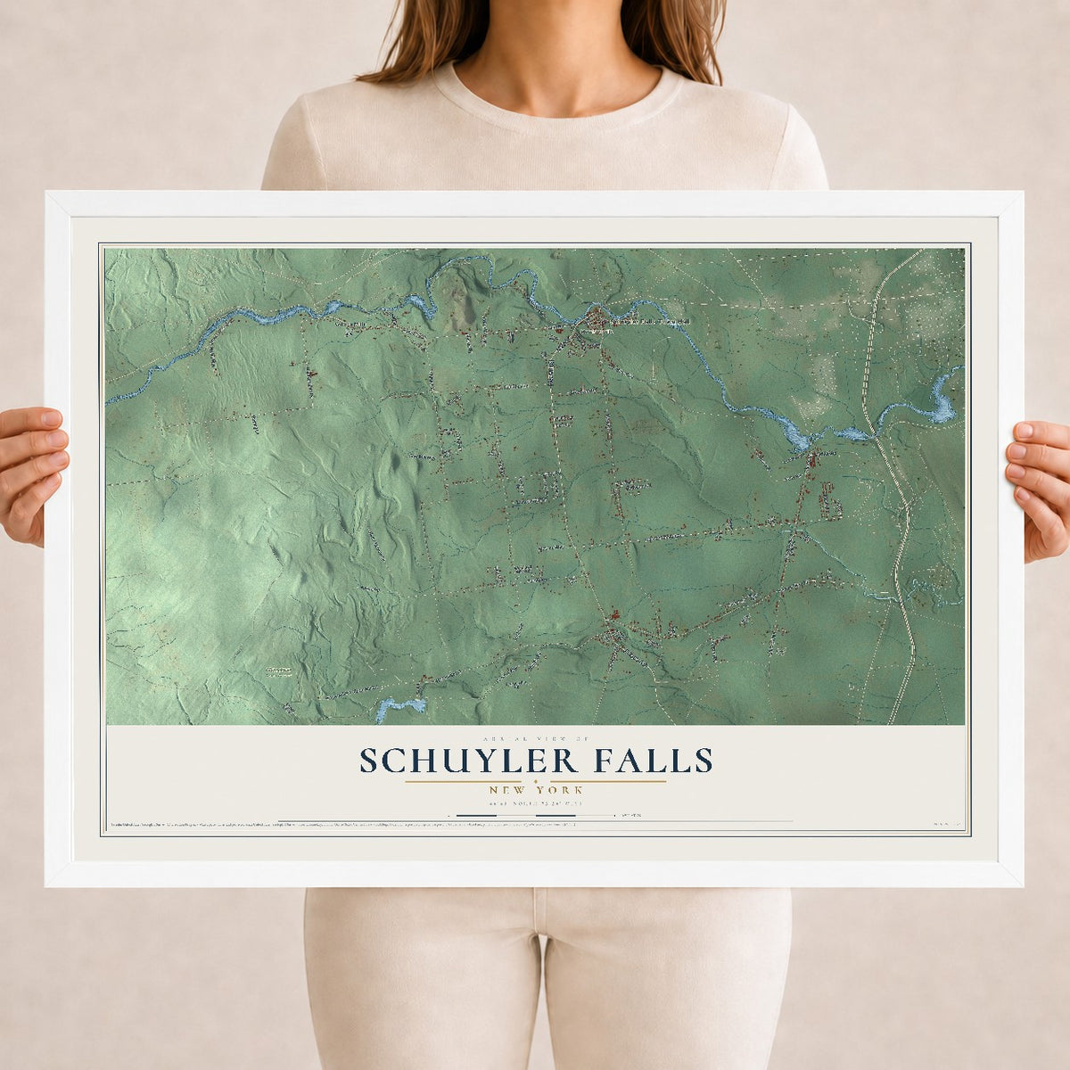 Schuyler Falls, New York map print, 18" x 24" W/ White Ayous Wood Frame mockup