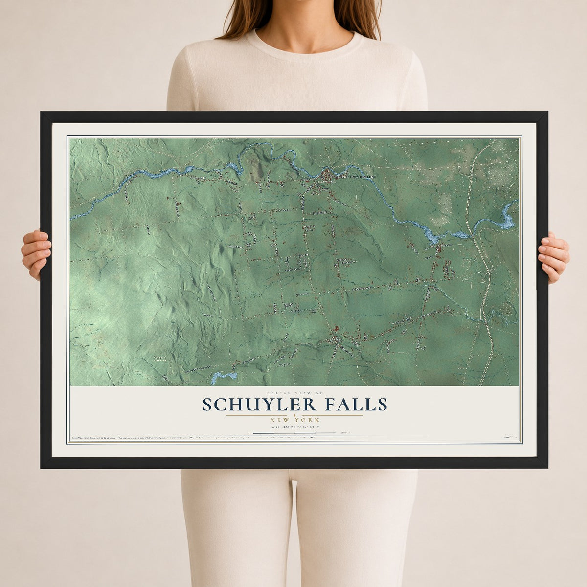 Schuyler Falls, New York map print, 24" x 36" W/ Black Ayous Wood Frame mockup
